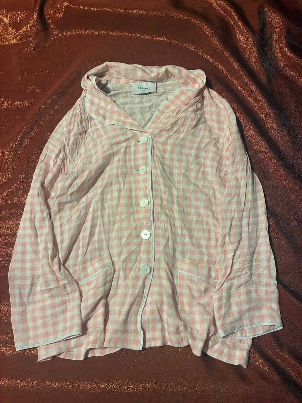 SLEEPER Pajama Top Womens Pink Gingham Long Sleeve Button Front Sleep Shirt